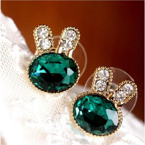 Korea Style Fashion Green Rabbit Clip on Earrings No Pierced for Girls Party Charm Rhinestone Crystal Earrings Needn't Ear Hole