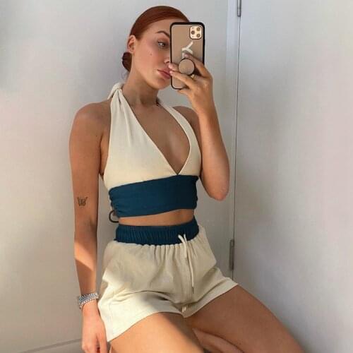 QICIUS Fashion White Tenue Sexy Two Piece Set V Neck Halter Crop Tops and Loose Shorts Women Summer Female Spodenki Damskie