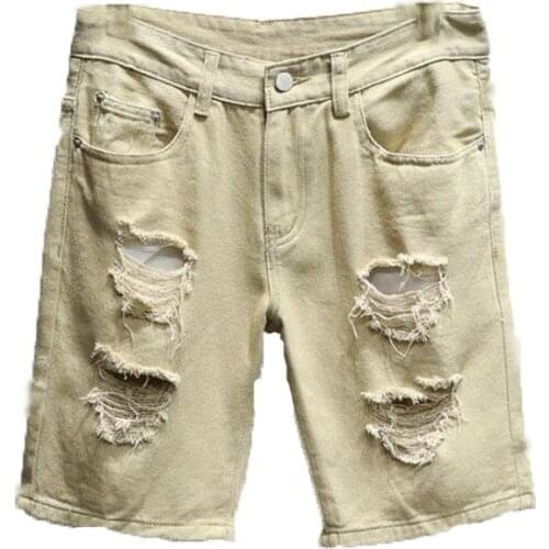 2021 New Summer Mens Ripped Holes Denim Shorts Slim Casual Short Jeans Men Bermuda Masculina White Black Cotton Denim Shorts