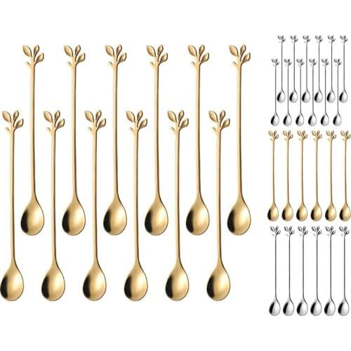 Long Handle Iced Tea Spoons Set, Ice Cream Spoon, Creative Gold Leaf Cocktail Stirring Spoons, Mirror Finis