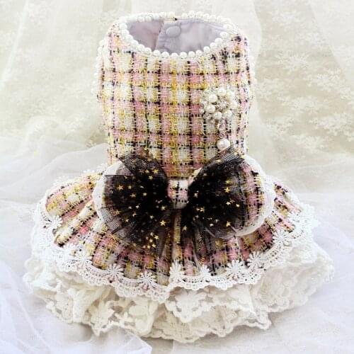Handmade Dog Clothes Pet Coat Dress Pink Gold Tweed Classic Style Diamond Pearl Brooch Accessories Debutante Princess Outfit