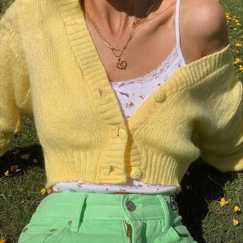 Autumn Yellow V-Neck Loose Casual Basic Cropped Skinny Sweater Top Short Button Knitted Sweet Cardigan Women