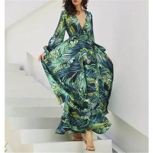 Summer Women Boho Floral Maxi Dress Fashion Plus Size Long Sleeve Fit and Flare Dress
