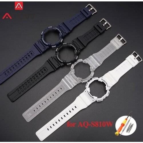 Resin Strap Bezel for Casio AQ-S810W AQS810 Sport Waterproof Men Replacement Bracelet Watch Band Protective Case Transparent