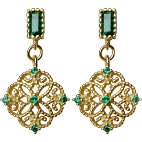 S925 Sterling Silver Needle French Lace Earrings Niche Palace Style Emerald Diamond High-End Earrings Female Jewelry