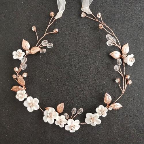 SLBRIDAL Handmade Rose Gold Alloy Leaf Rhinestones Ceramic Flower Bridal Hair Vine Bridal Headband Women Girls Hair Jewelry