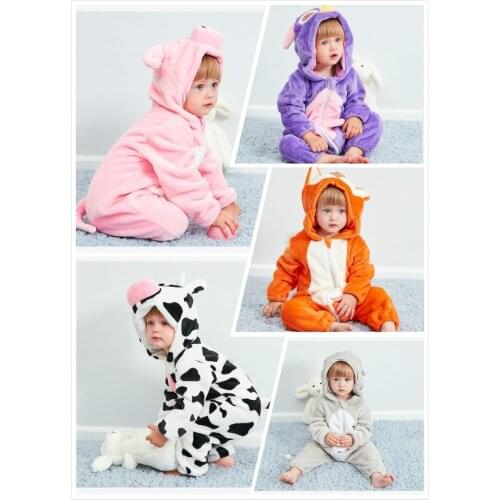 Warm Flannel Boy Girl Baby Jumpsuits Crawl Suits Cute Fox Cow Piggy Owl Mouse Modelling Multi-function Clothes With Hats