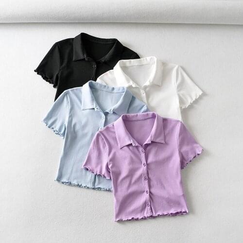 BRADELY MICHELLE Spring Girls Casual Knitted Skinny Turn-down Collar Polo Shirt Crop Tops