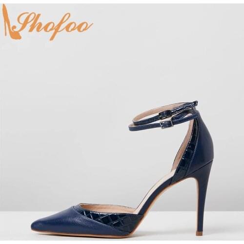Navy Blue Patent Croc Stilettos Women Pumps High Heels Pointed Toe Ankle Strap Large Size 13 15 Lady Summer Fashion Shoes Shofoo