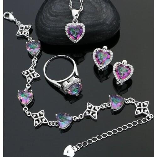 Heart Shaped 925 Silver Bridal Jewelry Sets For Women Mystic Rainbow Cubic Zirconia Earrings/Ring/Bracelet/Necklace/Pendant Set