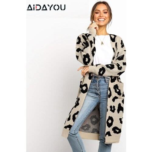 Womens Leopard Print Knitted Cardigans Long Section Sweaters Casual Style Pocket Knitting Cardigan Outwear Coats ouc303