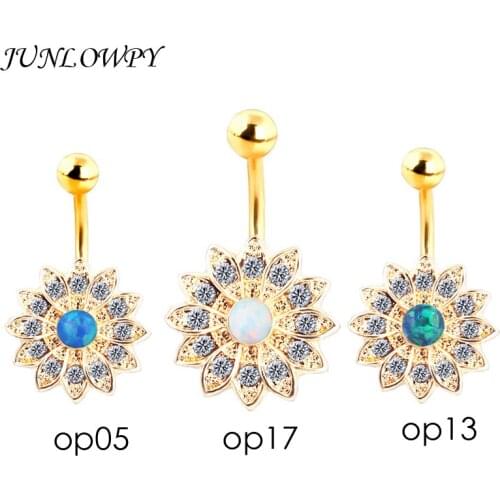 JUNLOWPY Wholesale 15PCS Opal Belly Button Ring Jeweled Flower 14G Girls Body Piercing Jewelry Navel Rings Bar Nombril Ombligo