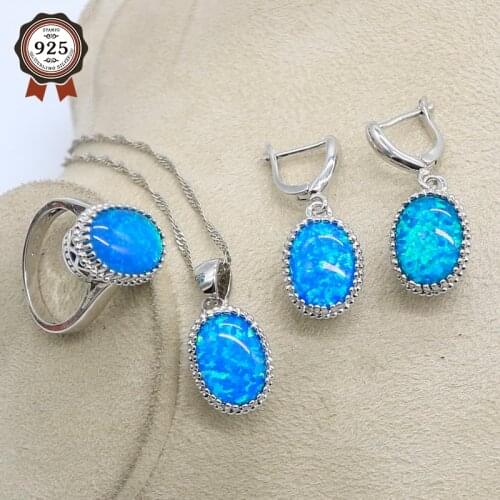 Silver Jewelry sets For Women Luxury 925 Sterling Silver Blue Opal White Topaz Ring Earrings Pendant Set Fashion Jewelry