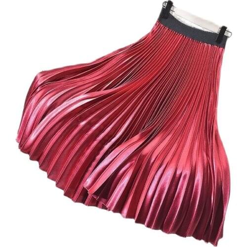 Women Pleated Maxi Skirt Mesh A Line Midi Skirts Long Shinny High Waist Elastic Spring 2020 Fashion Femme Casual Party Skirt