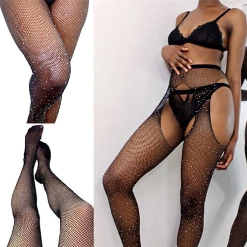 Women Bling Rhinestone Sexy Stockings Crystal Fishnet Net Mesh Socks Pantyhose Corset