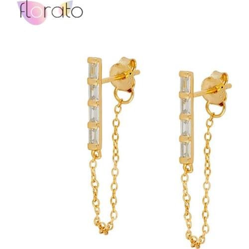 925 Sterling Silver Ear Needle Chain Stud Earrings for Women Cute Zircon Gold Silver Chain Stud Earrings Fashion Jewelry