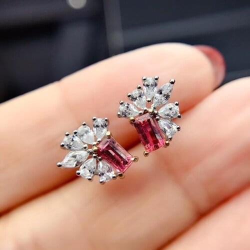 Personality luxurious snowflak Natural pink tourmaline ear nails S925 silver natural gemstone stud earrings women party jewelry