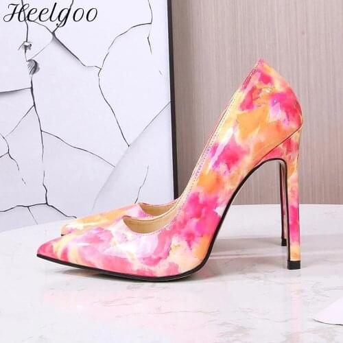 Heelgoo Graphic Printed Women Pointed Toe 11cm 4 Inch High Heel Shoes Ladies Floral Slip On Stiletto Pumps Dress Shoes Wide Foot