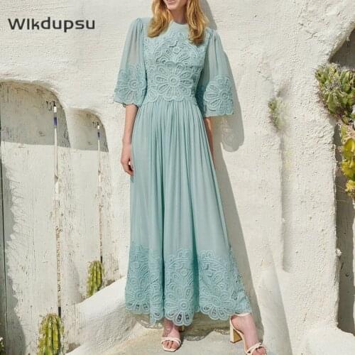 2021 New Arrival Spring Summer Luxury Designer Runway Dress Women Floral Lace Chiffon Fairy Style Vintage Long Maxi Dresses Robe