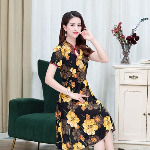 Lmproved Cheongsam Women Short-Sleeved 2021Summer Mothers New Plus Size Cheongsam Dress Women Loose Mid-Length Printed DressA29