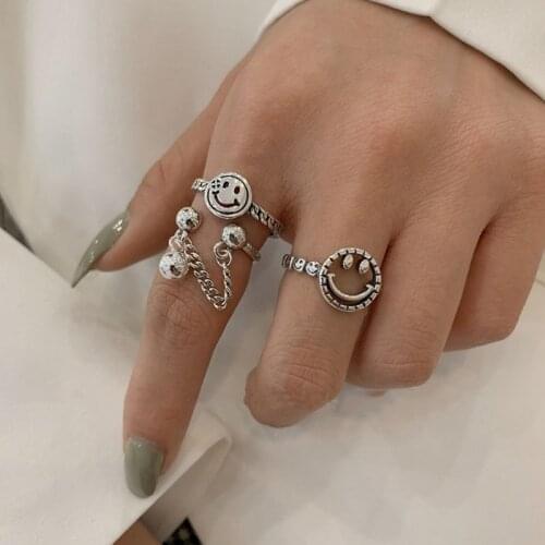 ARLIE Vintage Hollow Smiling Face Thai Silver Ring 925 Sterling Silver Round Ball Tassel Open Ring For Women Special Jewelry