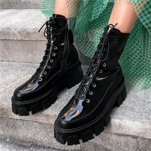 Womens Handmade Genuine Leather Shoes Cross Tied Short Ankle Boots Round Toe Thick Sole High Platform Black Women Martin Boots