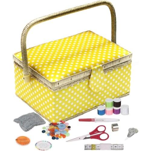 Home Vintage Sewing Basket with Sewing Kits Needles Tools Quilting Thread Stitching Embroidery Craft Sewing Box Organizer