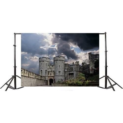 Photography Backdrop Ancient Church Castle European Archiculture Weathered Brick Wall Green Plants Blue Sky White Cloud