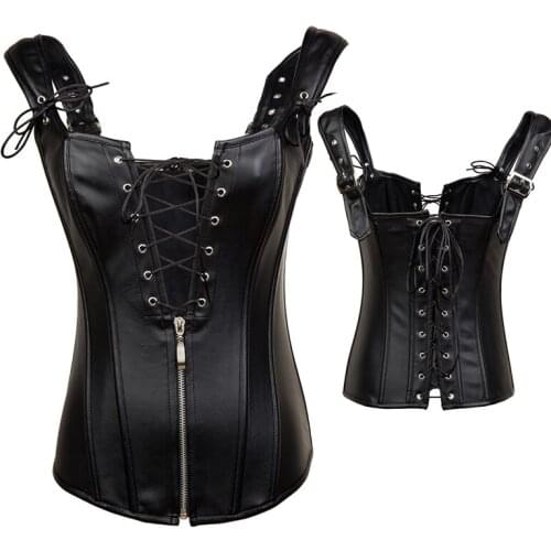 Gothic Punk Faux Leather Corset Sexy Black Zipper Steampunk Corset Overbust Lace Up Back Vest Corset Women Waist Cincher Corset