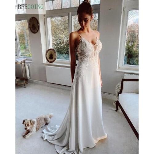 Ivory Lace Chiffon Spaghetti Straps V-Neck Bridal Gowns Sleeveless Floor-Length A-Line Wedding Dress Chapel Train