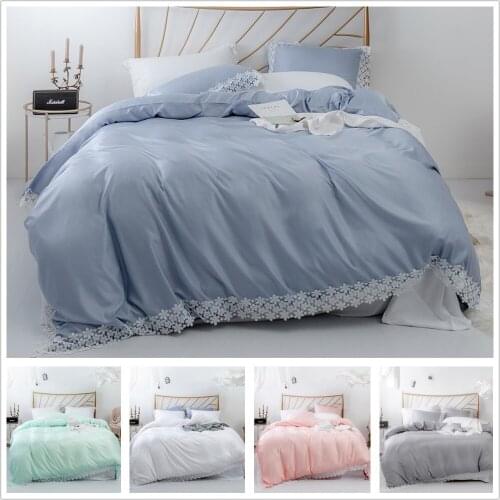 Lace Decoration Duvet Cover Sets with Quilt Covers and Pillowcase Solid Color Twill Cotton Polyester Fabric Bedroom Accessories