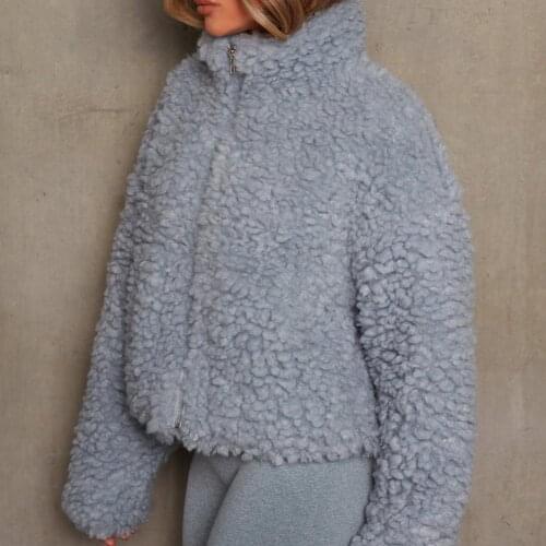 Simple Zipper Closure Fleece Jacket Long Sleeve Cold Resistant Women Comfy Short Type Stand Collar Fluffy Jacket Fashion Outfit