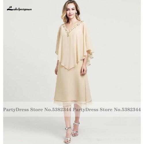 Lakshmigown Champagne Mother of the Bride Dresses 2021 Plus Size V Neck Beaded Wedding Guest Dress with Sleeve Vestidos de Noite