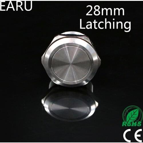 28mm Metal Stainless Steel Waterproof Latching Doorebll Horn Push Button Switch Car Auto Engine Start PC Power Start Locking 5A