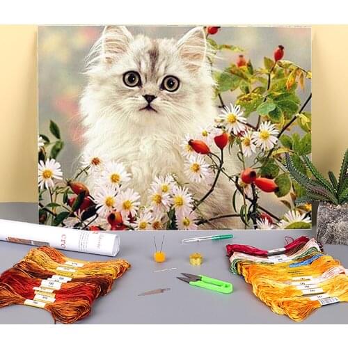 Flower Cats Animal Printed Fabric 11CT Cross Stitch Set DIY Embroidery DMC Threads Handmade work Craft Handiwork Decor