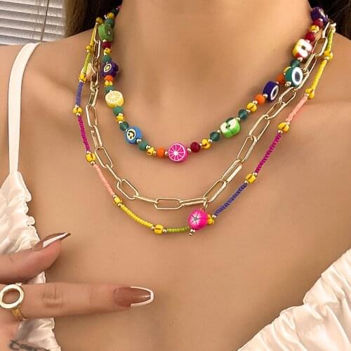 AENSOA 3 layers Bohemia Fruit Polymer Clay Necklaces For Women Girls Colorful Beads Alloy Choker Collares Necklace Jewelry Gifts