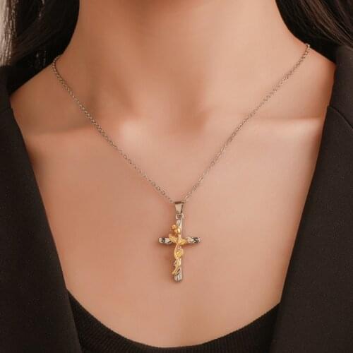 Retro Leaves Jesus Cross Pendant Rose Gold Black Silver Plated Golden Alloy Choker Necklace for Women & Men