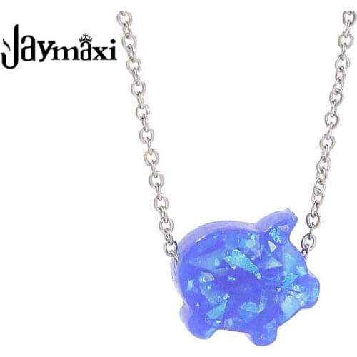Jaymaxi 1mm Stainless Steel Synthetic Opal Necklace Cute Pig Small Delicate Opal Pendants Necklace New for Girls 45cm 2Piece/lot