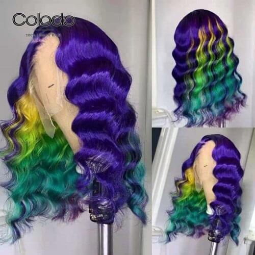 Purple Colored Lace Front Wigs Human Hair Ombre Yellow Green Blue Lace Front Human Hair Wigs Wavy Transparent Lace Front Wigs