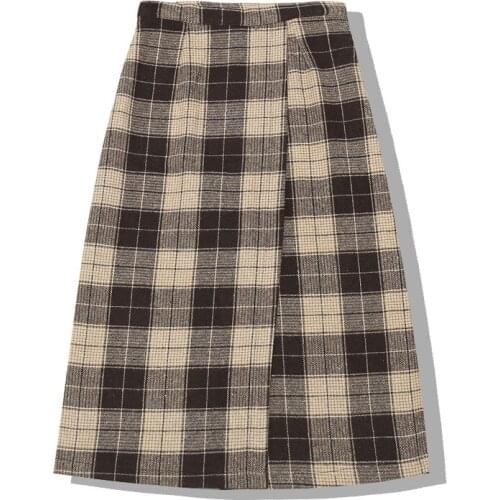 PERHAPS U Women Black Khaki Empire Woolen Fabric Plaid Vintage A-line Midi Long Skirt S0125 Winter