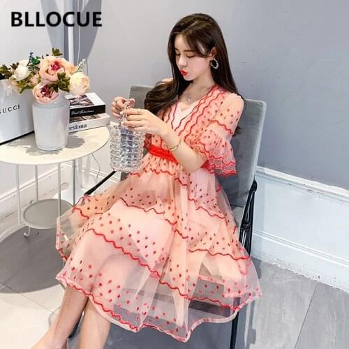 BLLOCUE Summer New Elegant Dot Mesh Embroidery Dress Women Sexy V-neck Flare Sleeve High Waist A-Line Loose Dress