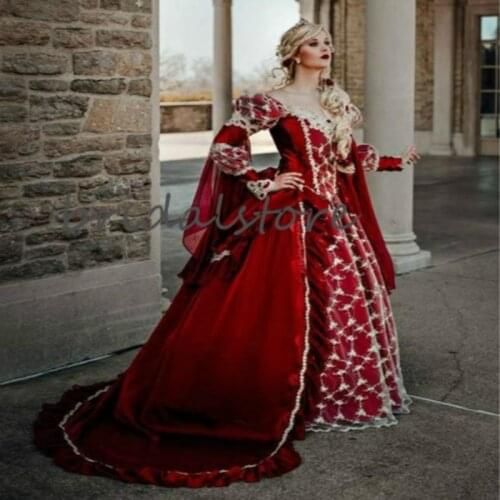 Fantasy Red Queen Gothic Wedding Dresses Halloween Medieval Country Garden A Line Wedding Dress With Lace Long Sleeves Bridal
