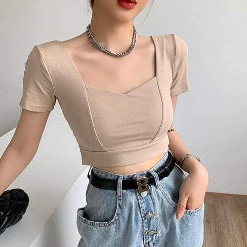 WWENN Sexy Short T Shirt Summer Short Sleeve Women Crop Top White Tshirt Cotton Korean Style T-shirt Women Clothes good quality