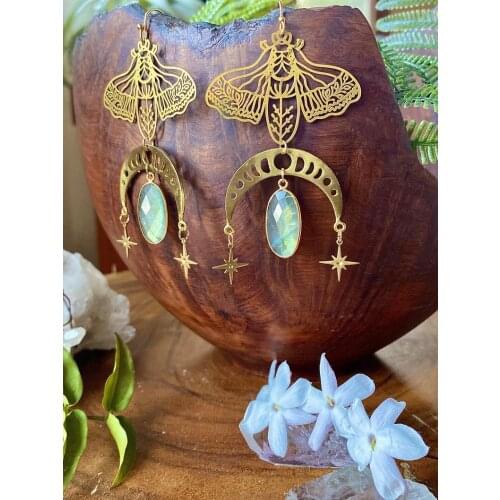 Labradorite Moon Phase Moth Earrings, Hypoallergenic, Fairy Jewelry