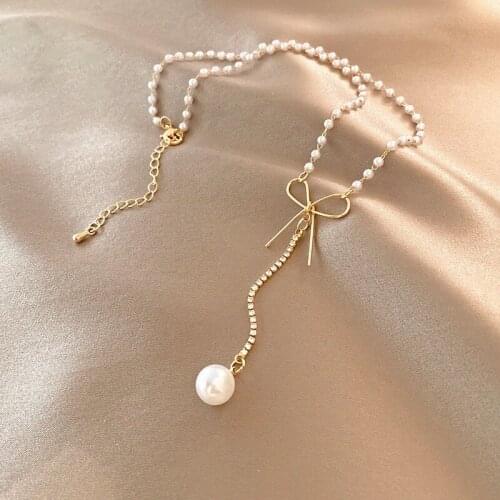 Korean bowknot simulation pearl summer light luxury niche design sense cold wind new necklace female clavicle chain