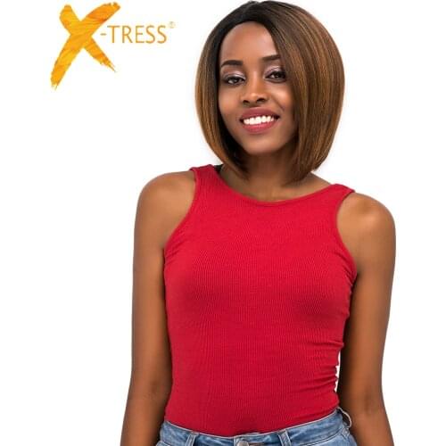 Dark Roots Ombre Brown Color Synthetic Wigs For Black Women X-TRESS Straight Short Bob Lace Front Wig With Baby Hair Side Part