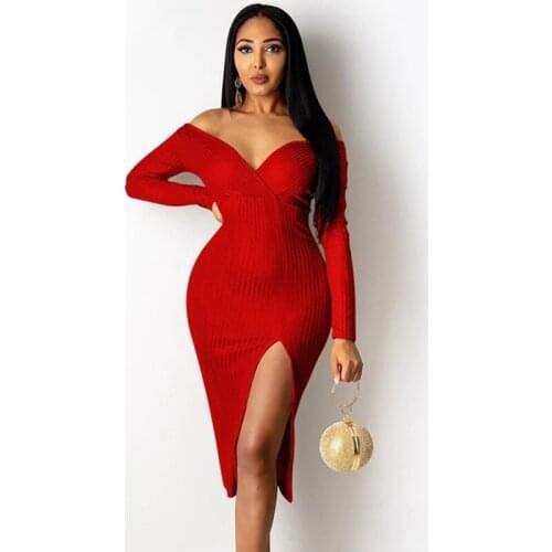Ribbed Off The Shoulder Bodycon Dress Women Elegant Long Sleeve Sexy Dress Backless High Split Long Midi Dresses for Women Party