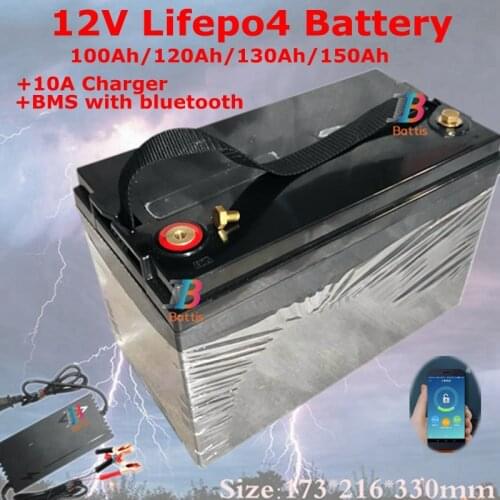 Waterproof 12V 100Ah 120Ah 130Ah 150Ah Lifepo4 batteryBMS with bluetooth for 1200w solar system motor home boat RV+10A charger