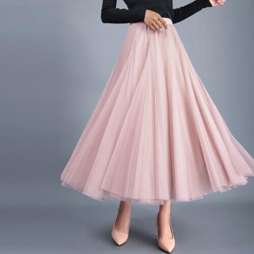 TingYiLi Autumn Tulle Skirt Gray Brown Beige Pink Black Long Skirts Womens Elegant Maxi Skirt
