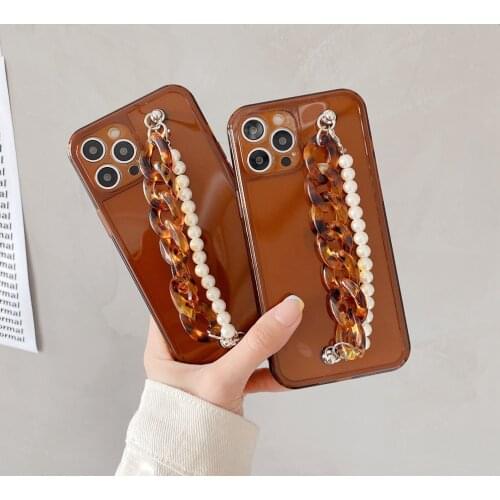 Amber Pearl Double Bracelet Yellow tea Color Phone Case for iphone 12 pro max 11 promax X XS XR 7 8 Plus 12mini Chain Soft Cover